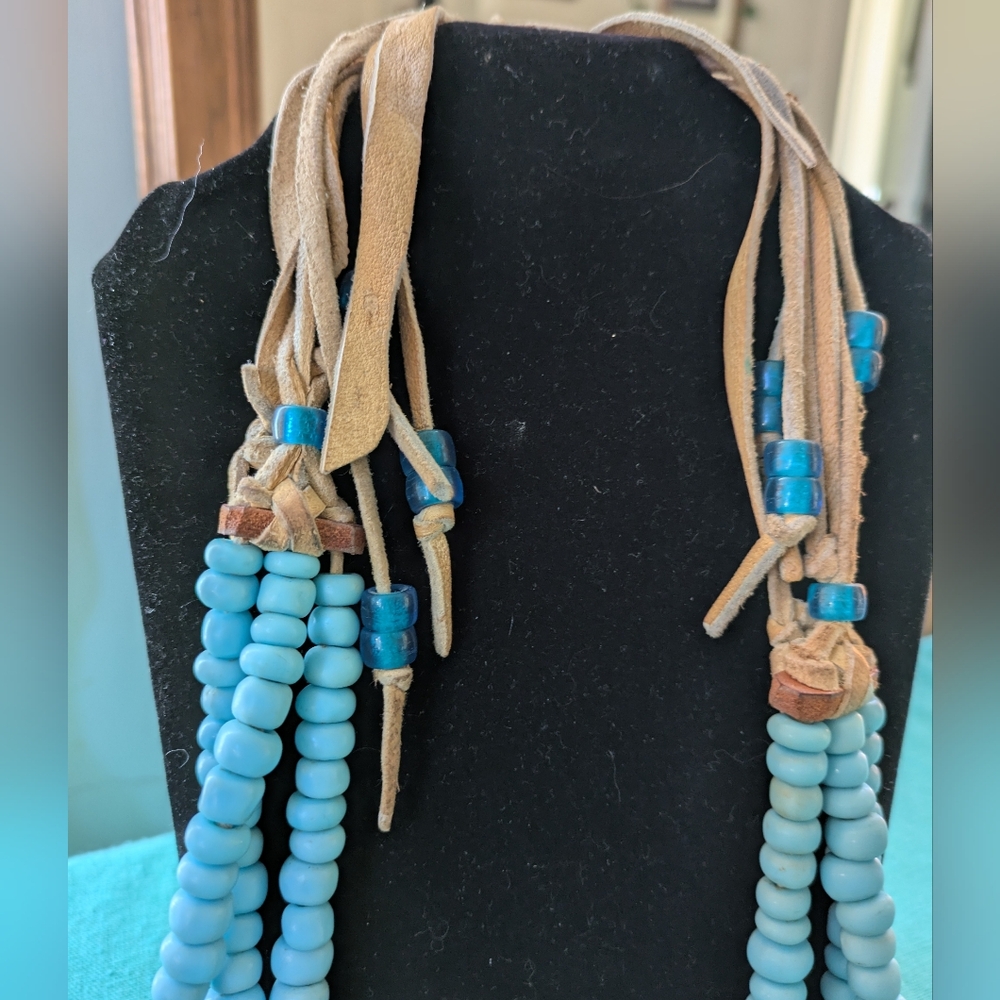 Vintage Turquoise, Glass & Leather Bead Necklace-12-20" - Picture 2 of 5